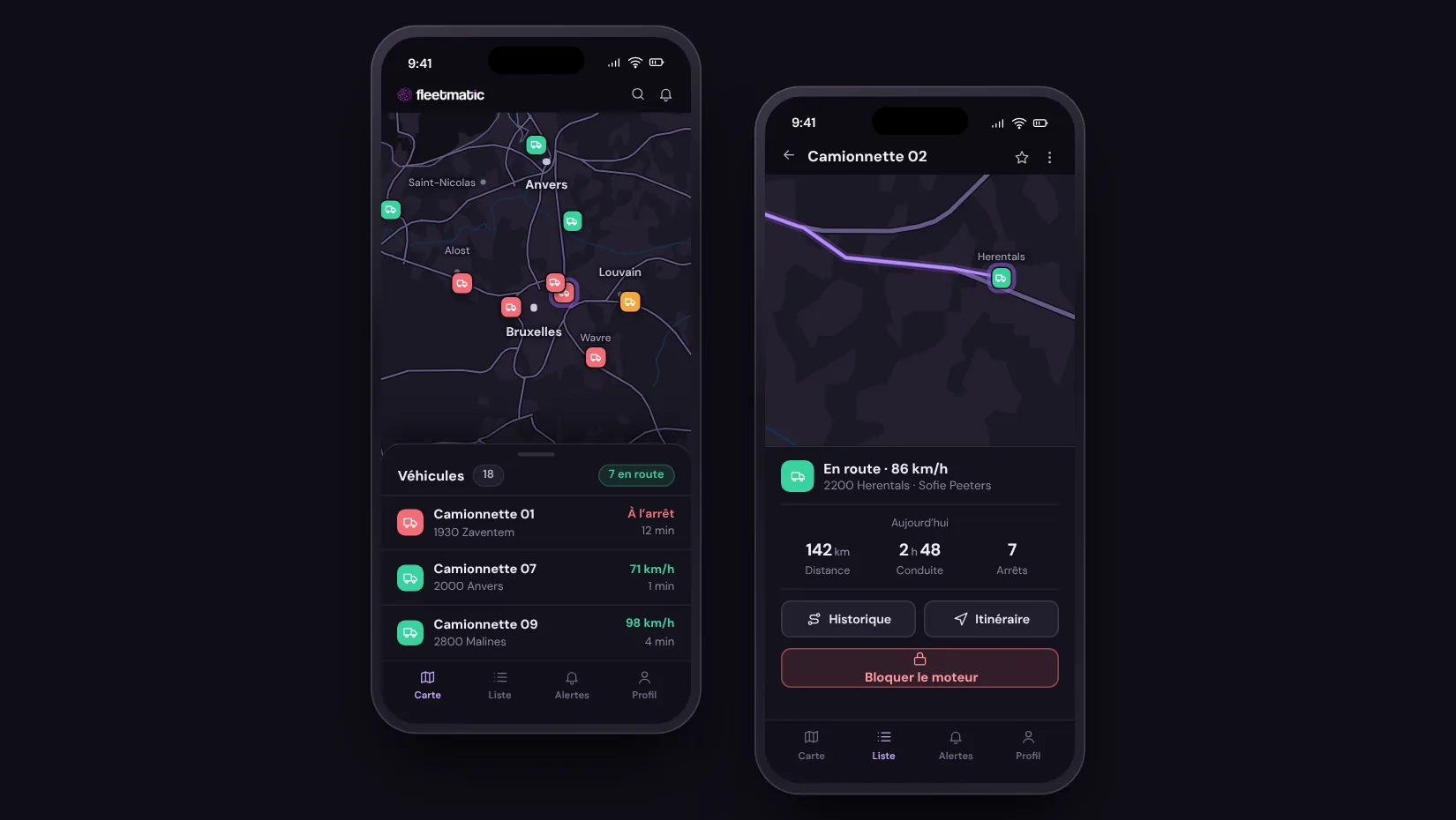 Application mobile Fleetmatic : carte de la flotte et fiche d’un véhicule