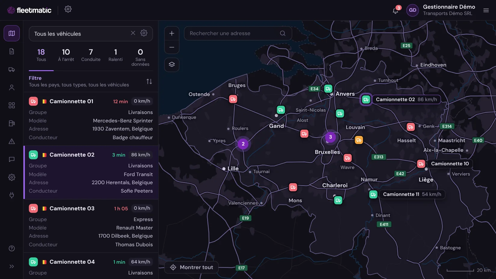 Plateforme Fleetmatic : carte en direct et liste des véhicules